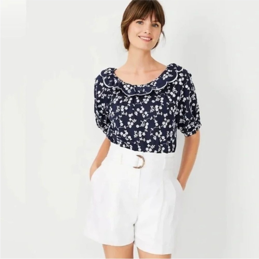 Ann Taylor Navy & White Embroidered Short Puff Sleeve Top Cottagecore Sz XXL